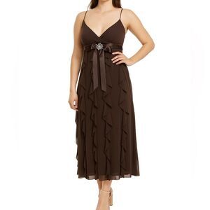 Betsy & Adam Maxi Midi Dress Brown Ruffle Formal Made in USA SZ 6P